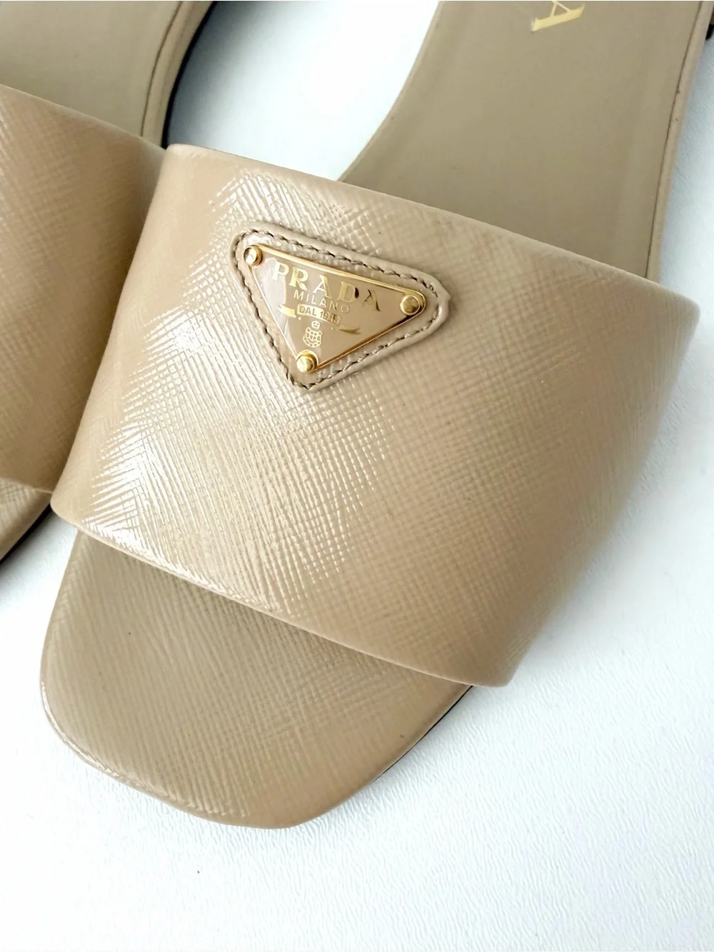 PRADA | Saffiano Patent Leather Triangle Logo Slides Sandals Flats Beige Sand 38